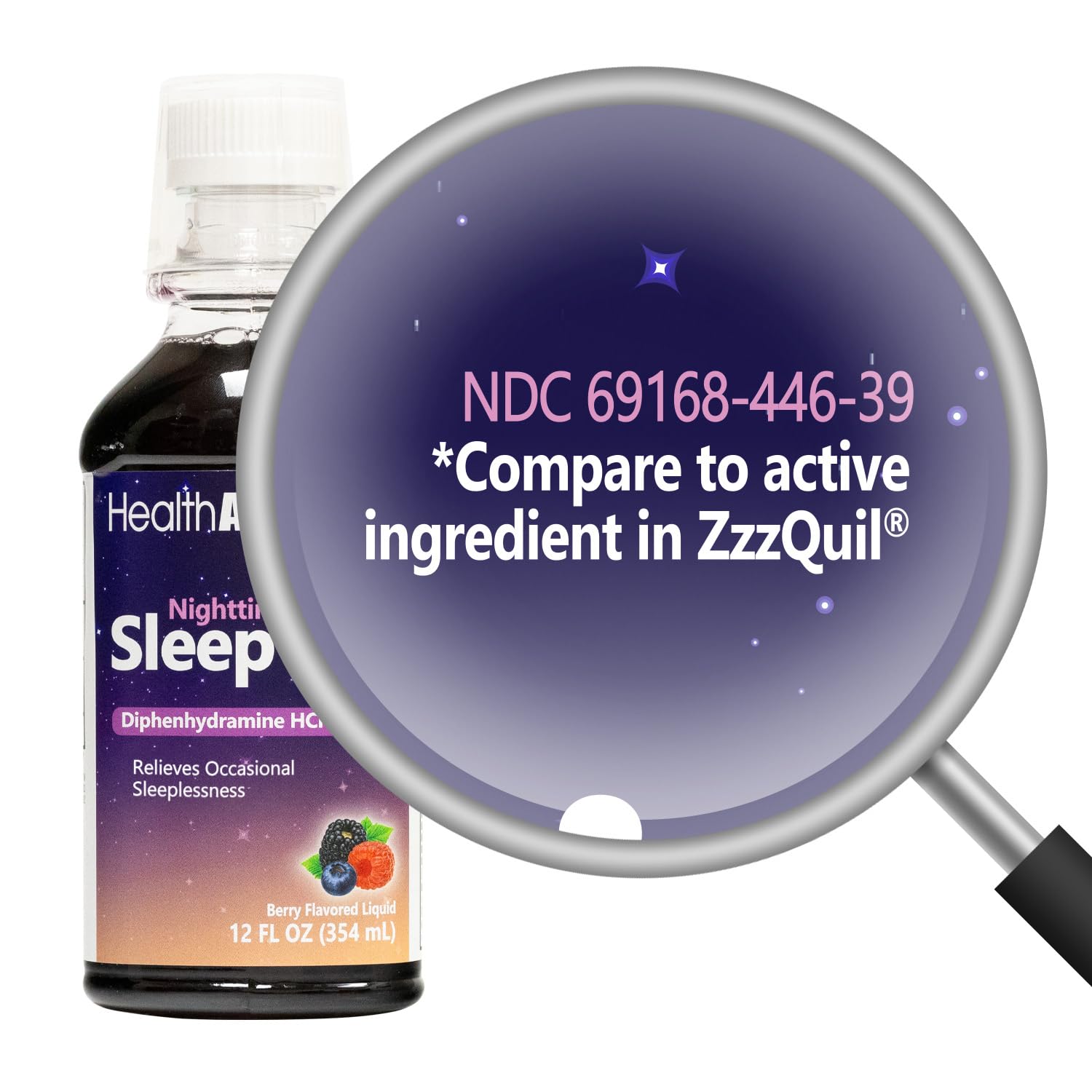 Back label of HealthA2Z fast acting sleep aid liquid detailing warnings and ingredient lists.