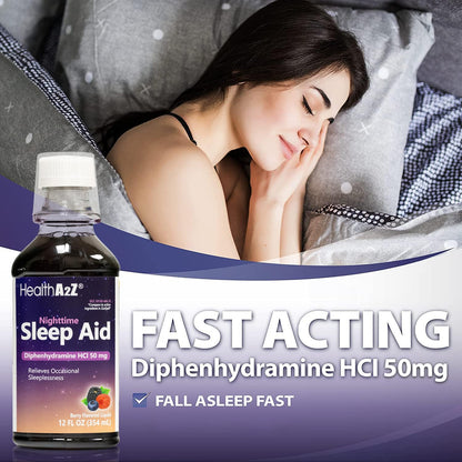 Complete packaging view of HealthA2Z 12 Fluid Ounce sleep aid emphasizing its fast-acting formula.
