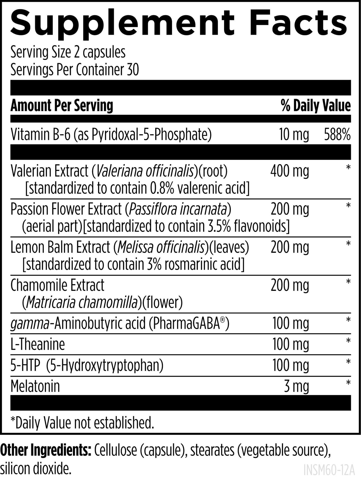 Designs for Health Insomnitol supplement facts label showing melatonin and 5-HTP dosage