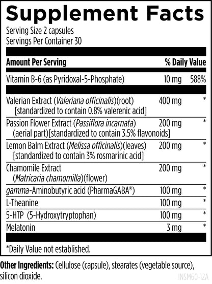 Designs for Health Insomnitol supplement facts label showing melatonin and 5-HTP dosage
