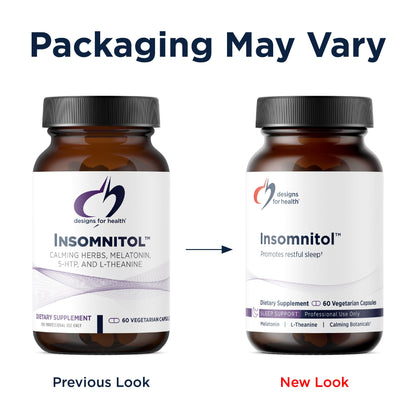 Side view of Designs for Health Insomnitol vegetarian capsules showing ingredient blend