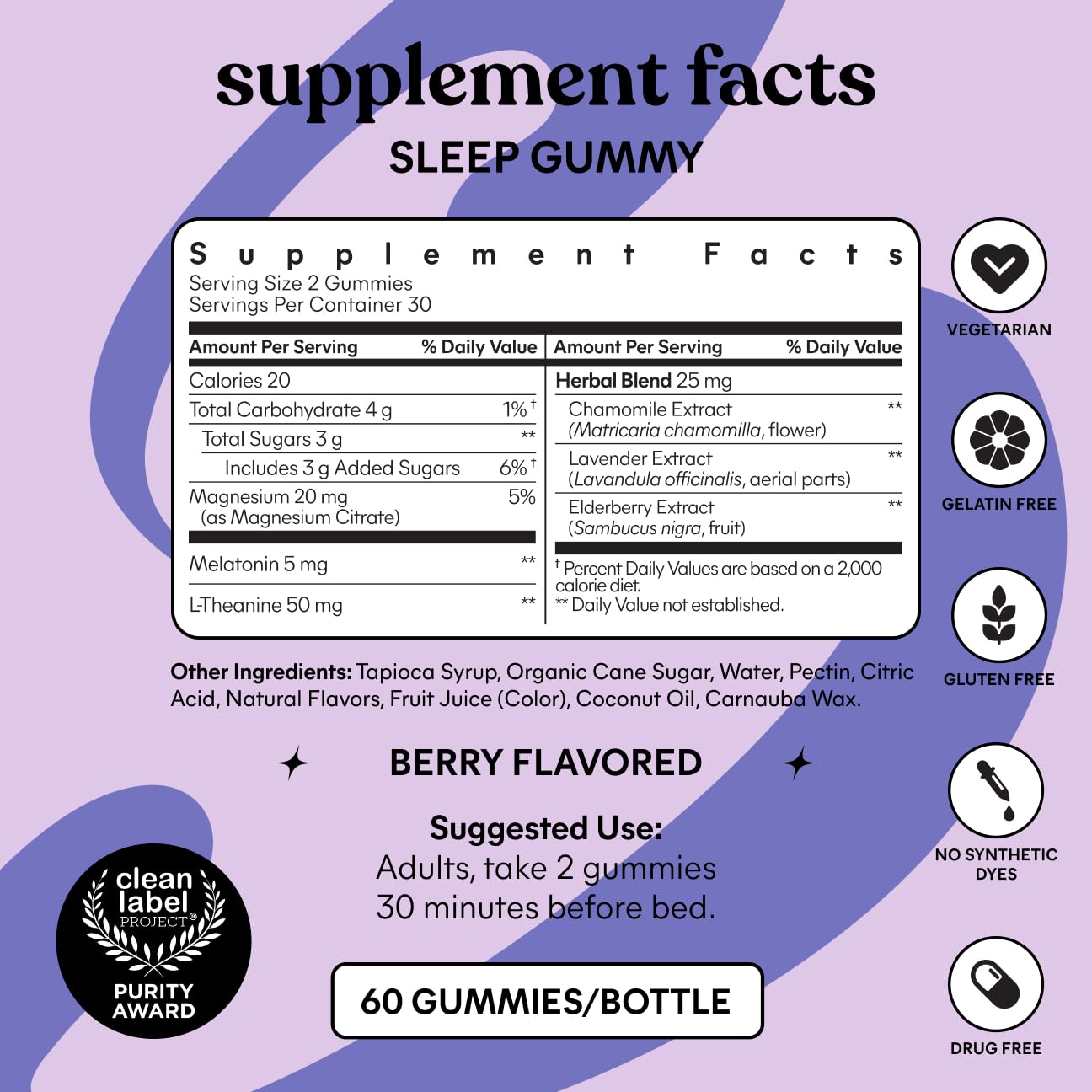 Lemme Sleep sixty count dietary supplement bottle highlighting gluten free and non GMO features.