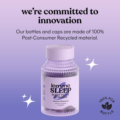 Lemme Sleep berry flavored gummies container displayed alongside natural chamomile and lavender motifs.