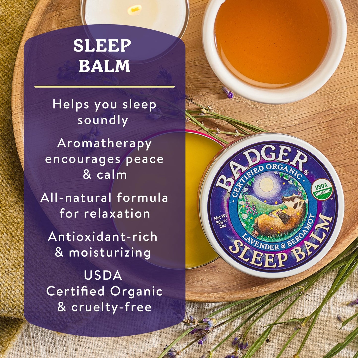 Badger Lavender and Bergamot Sleep Balm close up of the organic packaging