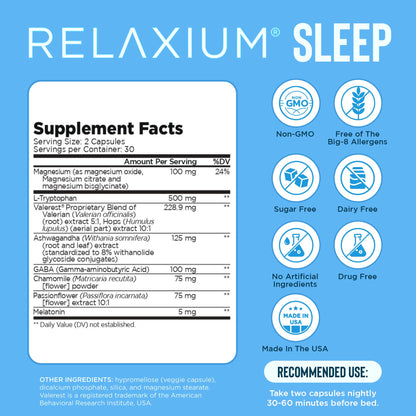 Back label of Relaxium Sleep dietary supplement detailing 5mg melatonin and magnesium glycinate facts