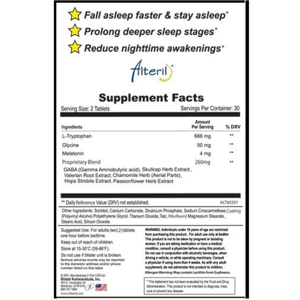Alteril All Natural Sleep Aid dietary supplement packaging highlighting drug free ingredients list and nutritional facts label