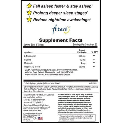 Imported Alteril sleep support tablets showing packaging orientation alongside natural herbal extracts display