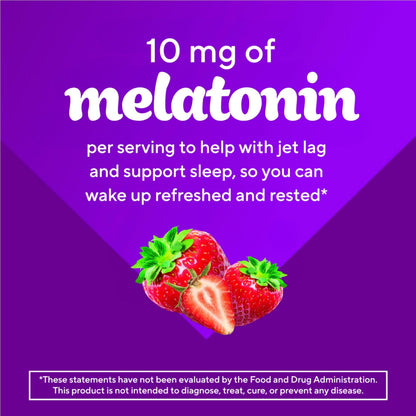 Vitafusion Max Strength sleep supplement gummies bottle close up on strawberry flavor graphic