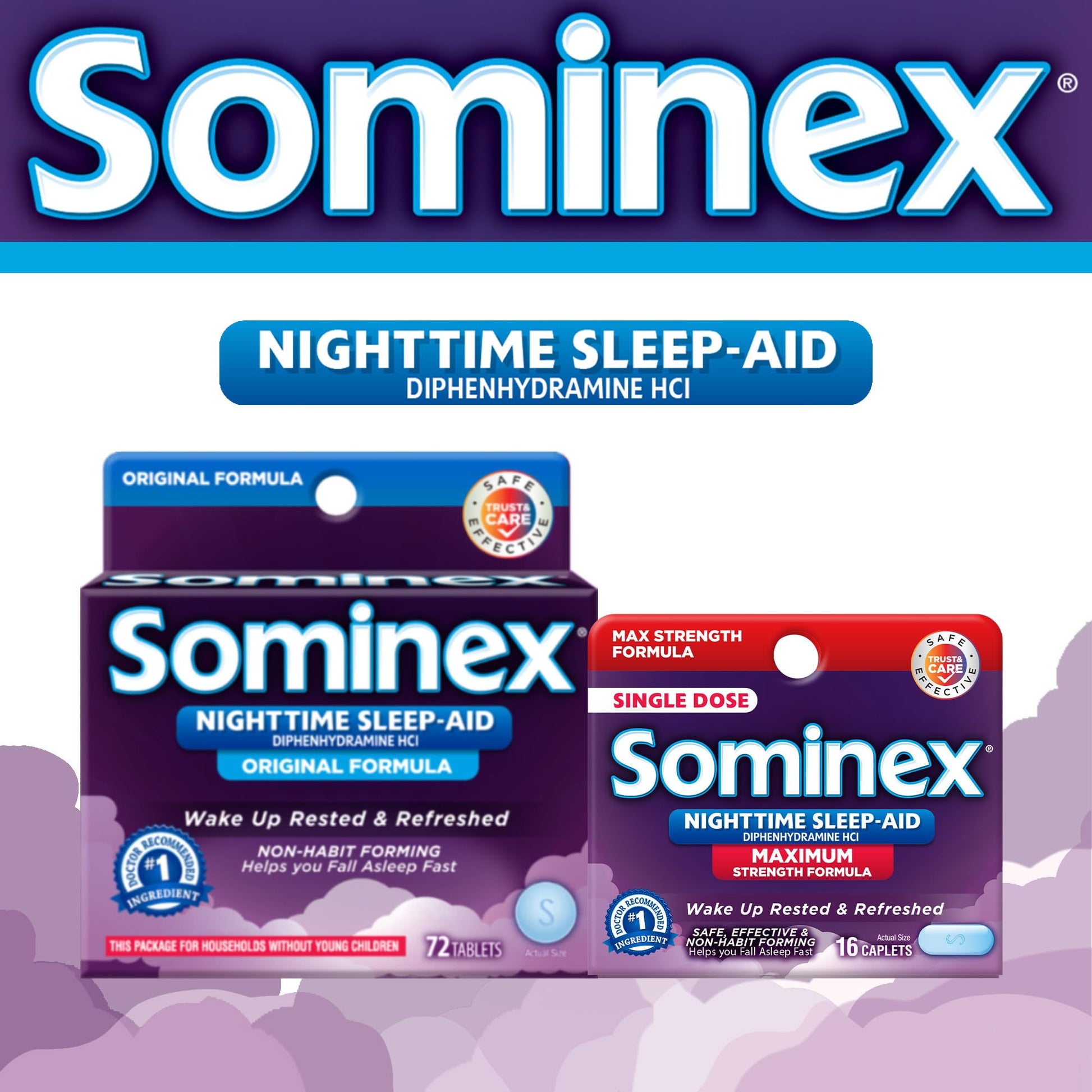 Close up view of the single dose blister packaging for the sixteen count Sominex tablets.