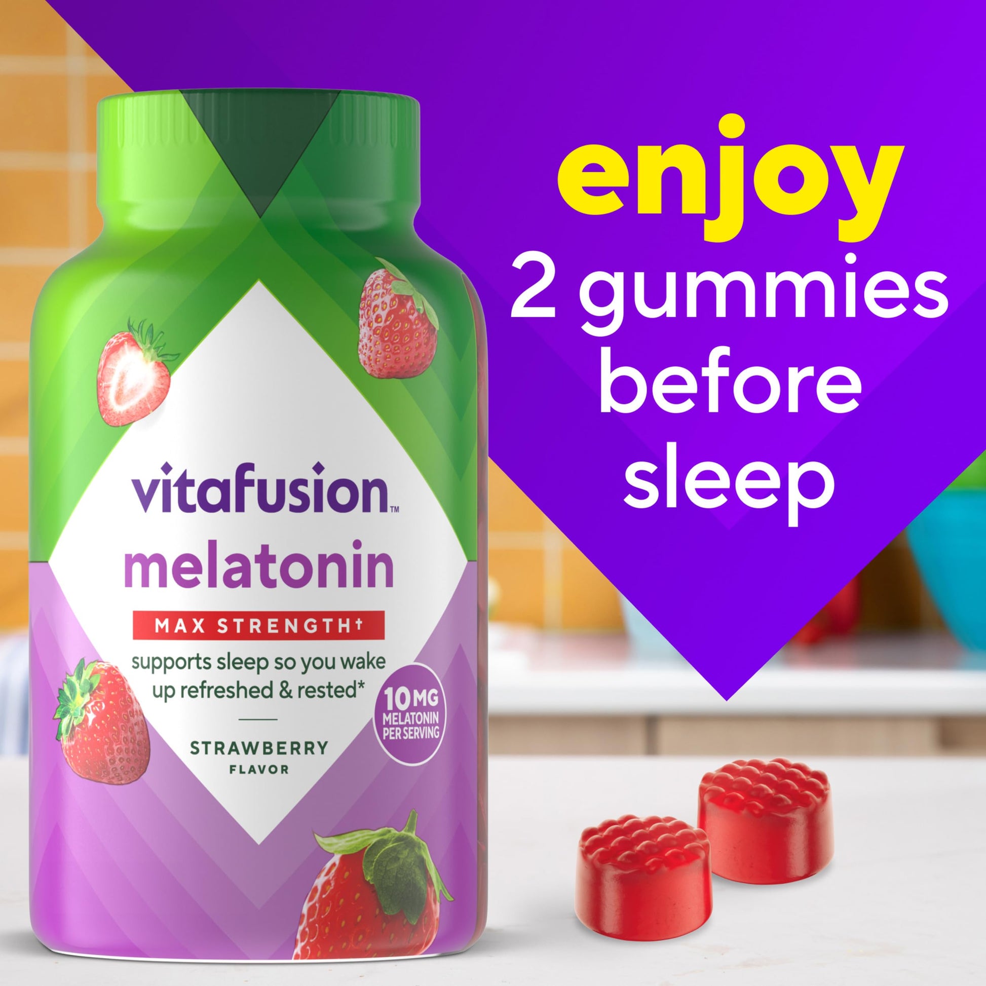 Vitafusion strawberry melatonin sleep gummies bottle angled display on white background