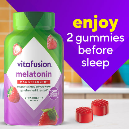 Vitafusion strawberry melatonin sleep gummies bottle angled display on white background