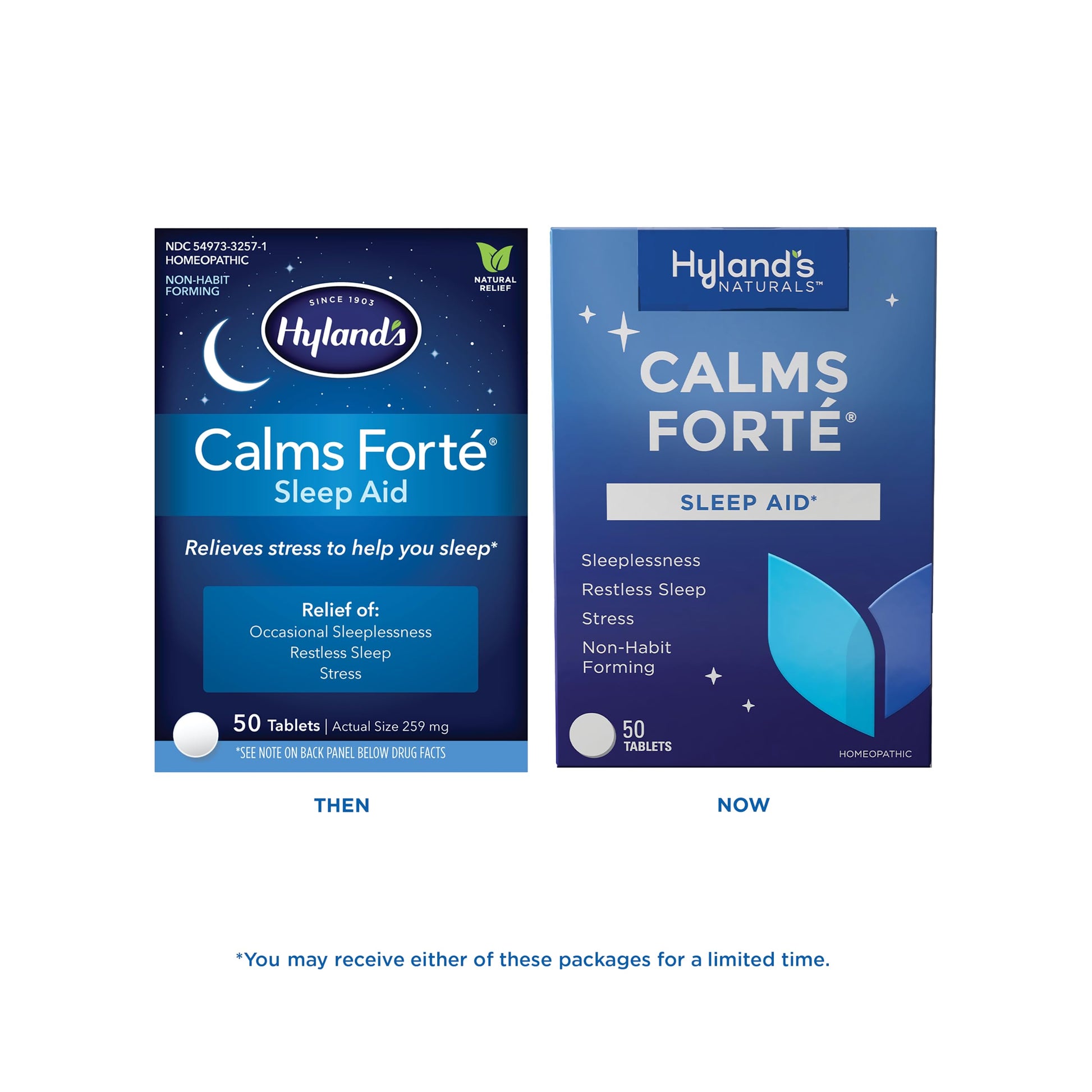 Hyland's Calms Forte stress relief tablets bottle side view listing active homeopathic ingredients.