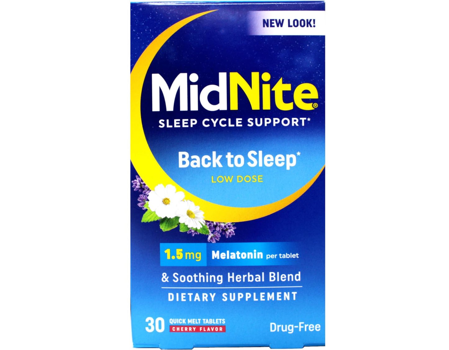 MidNite quick melt chewable cherry tablets showing side panel details and consumer usage directions.