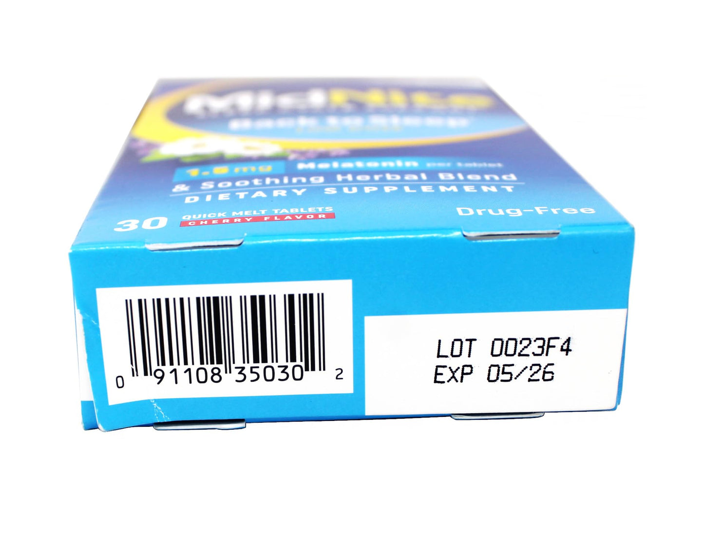 MidNite low dose melatonin and herbal blend supplement dietary facts and full ingredient list close up.