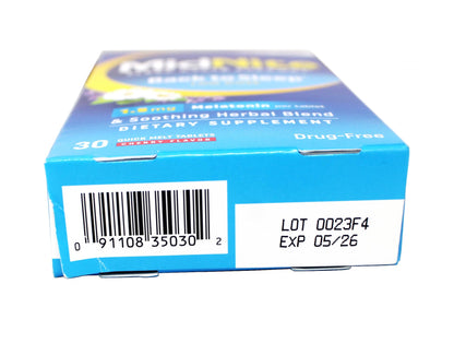 MidNite low dose melatonin and herbal blend supplement dietary facts and full ingredient list close up.