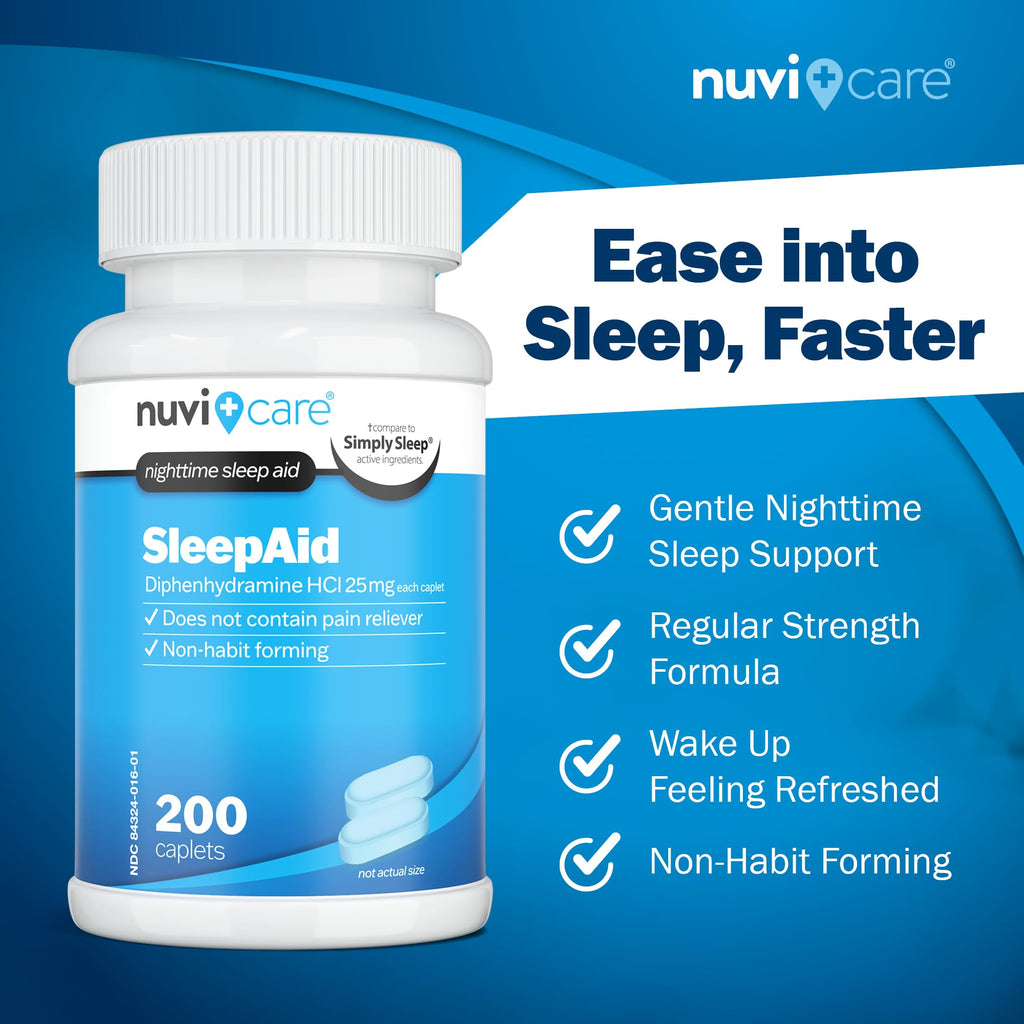NUVICARE Diphenhydramine HCl 25 mg regular strength sleeping pills packaging label details.