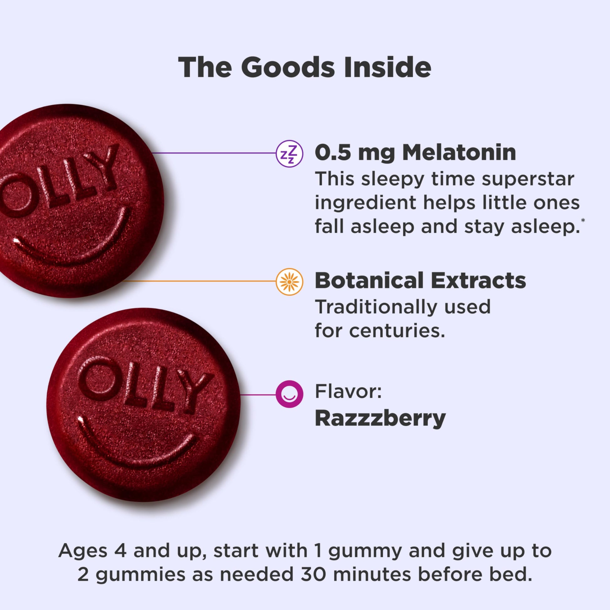 OLLY Kids Sleep Raspberry flavor seventy chewable gummies packaging details