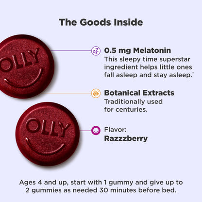 OLLY Kids Sleep Raspberry flavor seventy chewable gummies packaging details