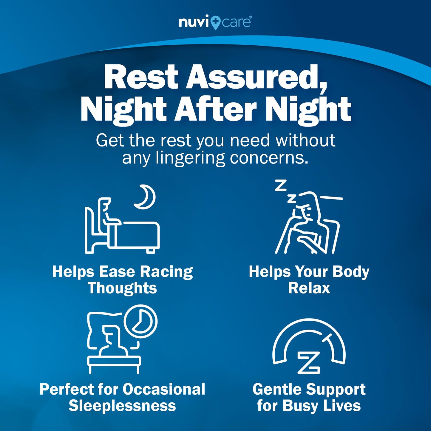 USA imported NUVICARE adult sleep supplement bottle sitting on a nightstand.