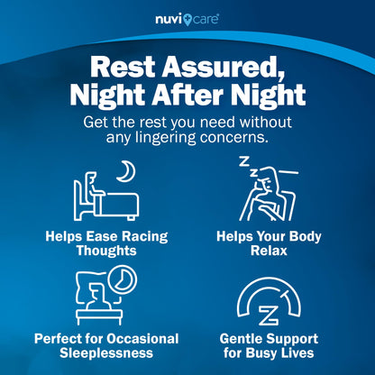 USA imported NUVICARE adult sleep supplement bottle sitting on a nightstand.