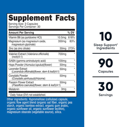 Nutricost Sleep Aid Complex dietary supplement side label illustrating the complete ten sleep support ingredients list