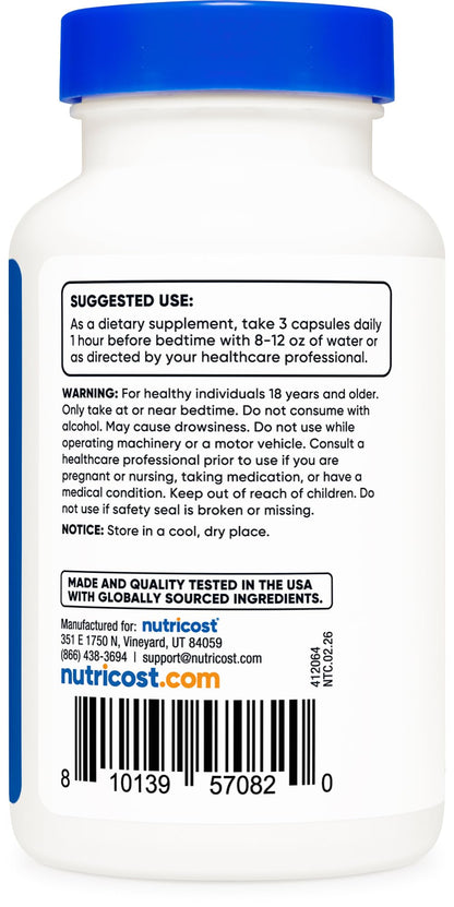 Nutricost Sleep Aid Complex imported wellness supplement bottle showing direct USA sourcing and third-party testing seals