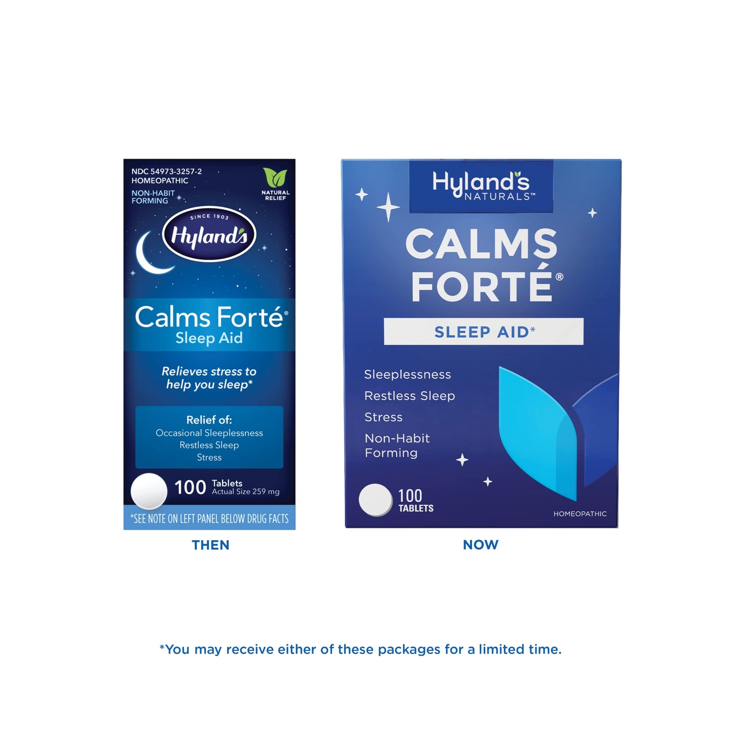 Hyland's Calms Forte 100 count bottles side panel showing natural homeopathic ingredients