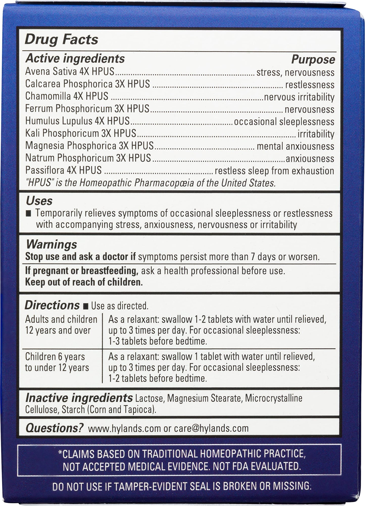 Hyland's Calms Forte USA imported stress and sleep relief supplement packaging details