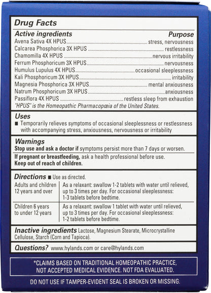 Hyland's Calms Forte USA imported stress and sleep relief supplement packaging details