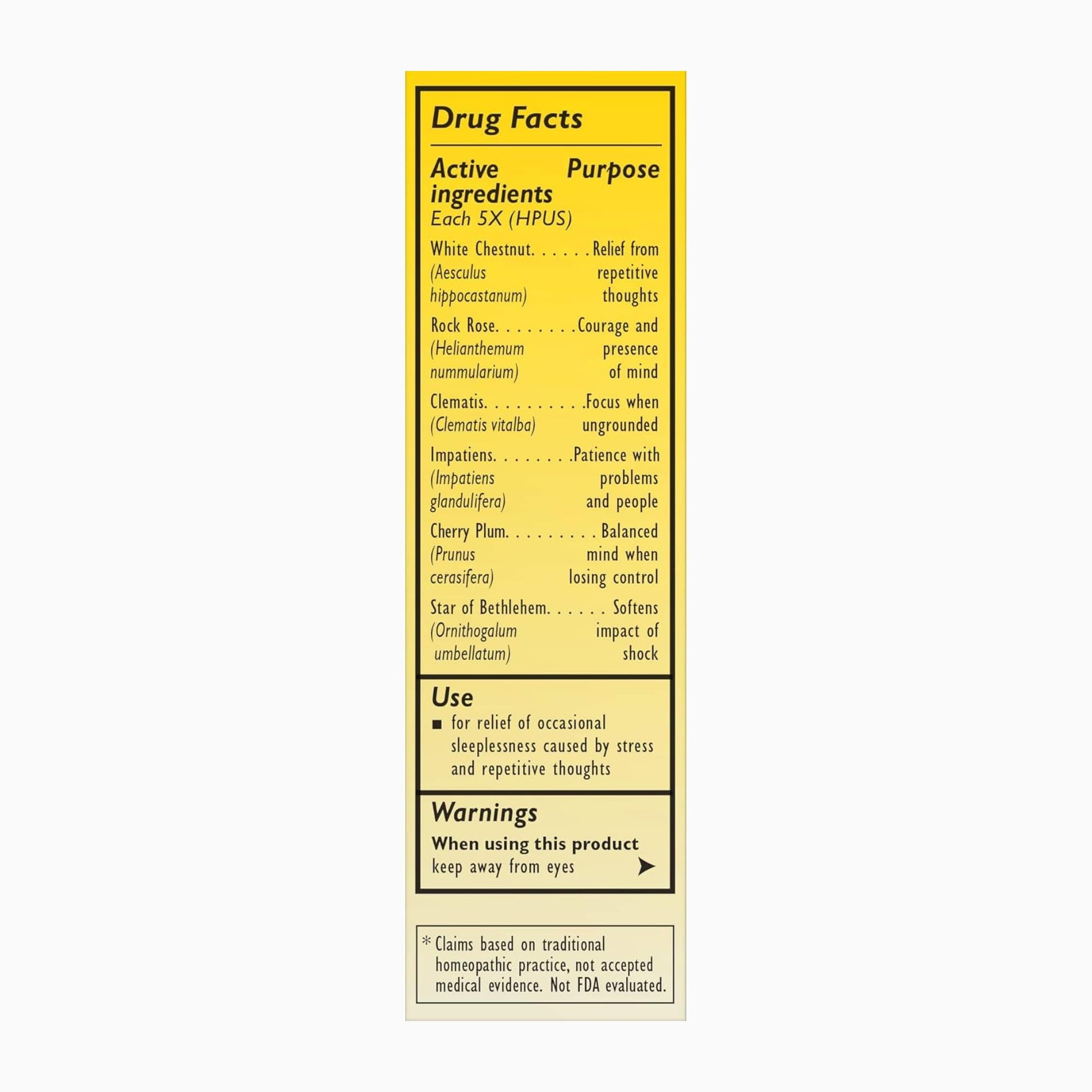 Back label of Bach RESCUE SLEEP 20 Milliliters bottle showing non habit forming ingredients