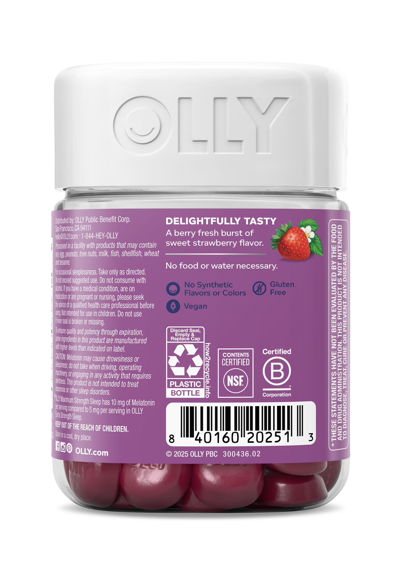 Premium imported OLLY sleep support gummies container base details