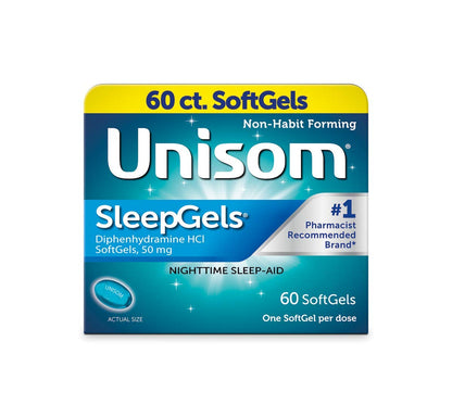 Unisom nighttime sleep aid liquid softgels side label with active ingredient details