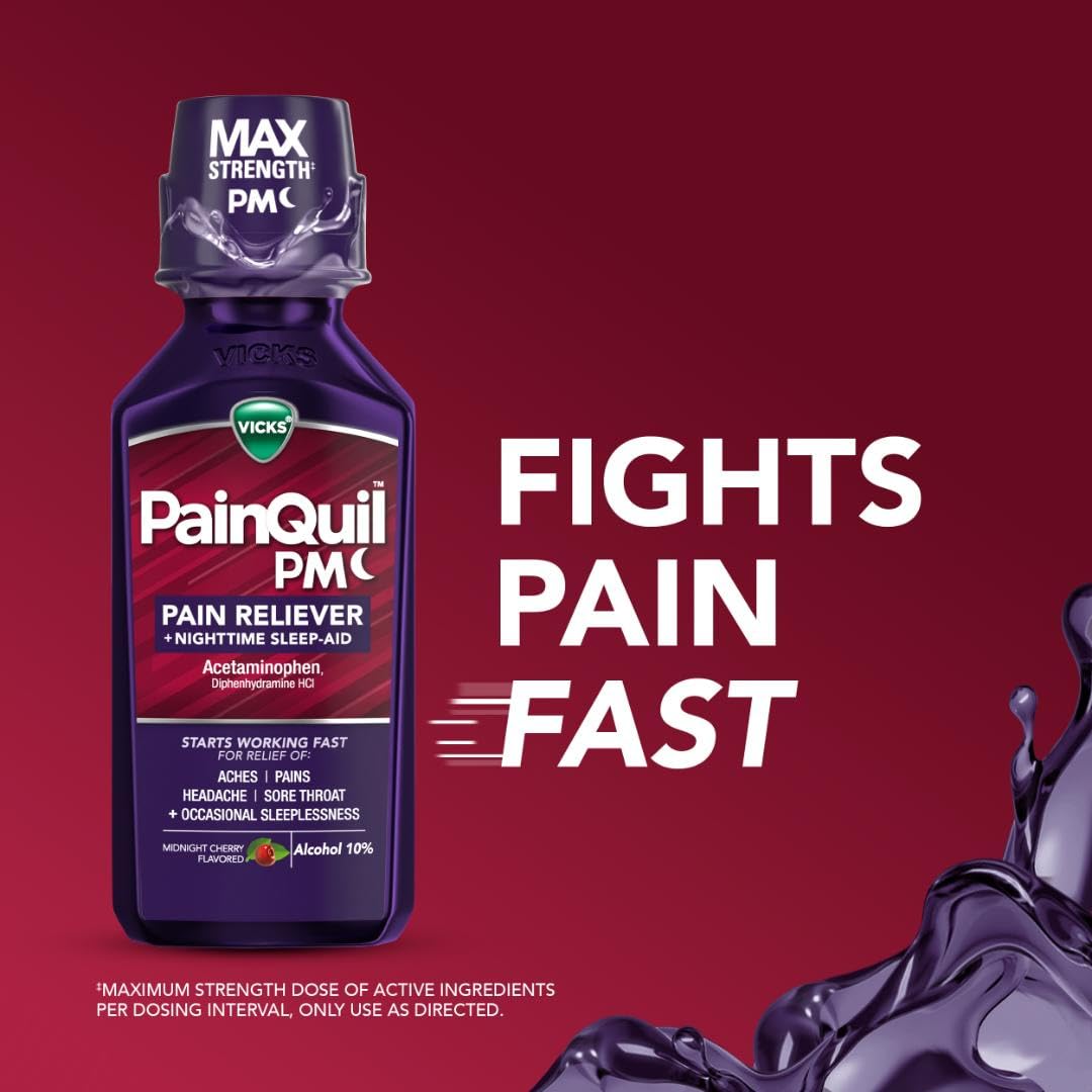 Vicks PainQuil PM 12 fluid ounce bottle showing midnight cherry flavor label