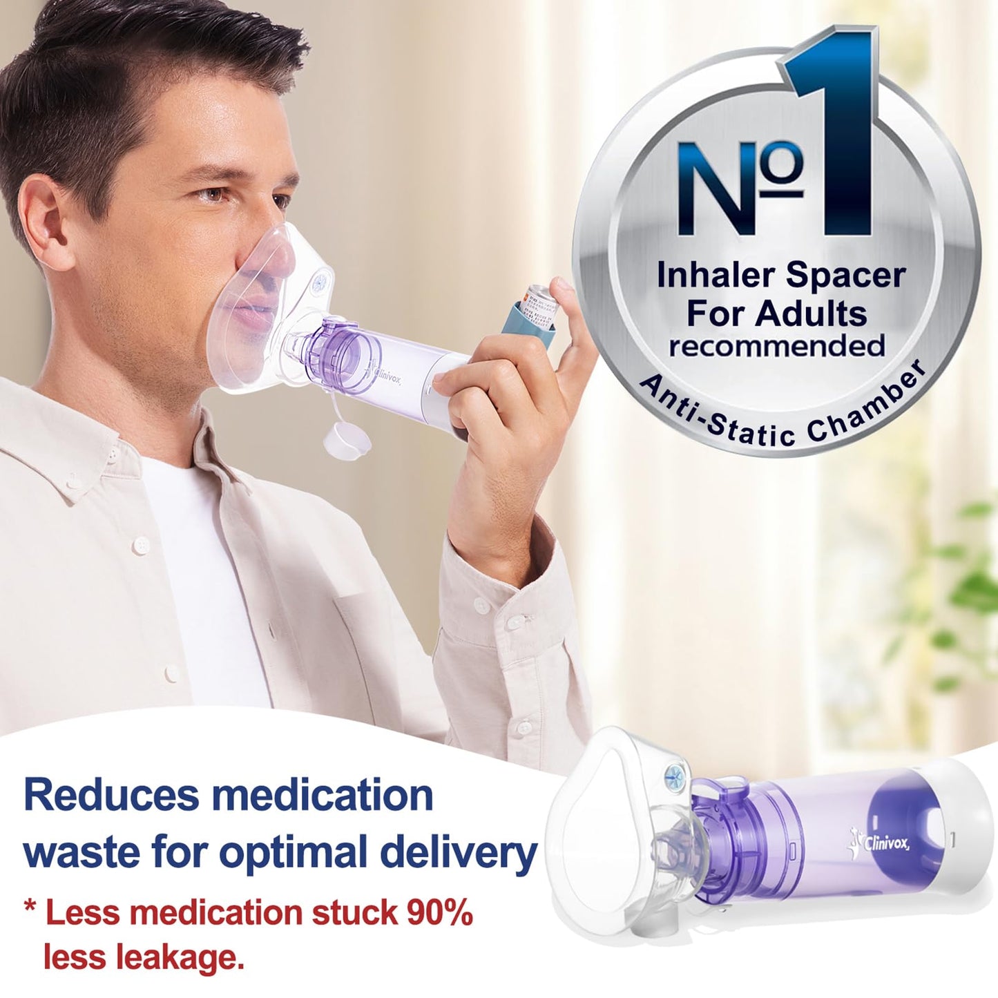 Clinivox valved holding chamber with medical grade silicone mask attached for respiratory care