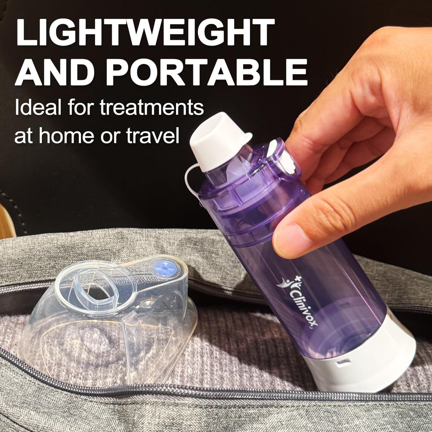 Clinivox adult inhaler spacer package contents including the anti static chamber and silicone mask