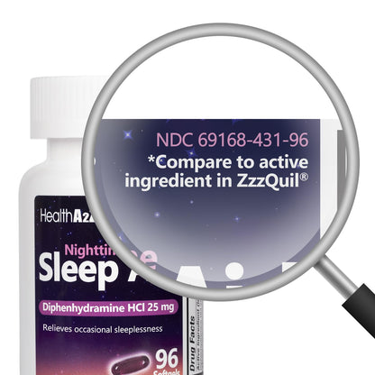 HealthA2Z Nighttime Sleep Aid diphenhydramine hydrochloride liquid capsules ingredient label text.