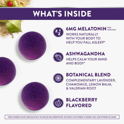 ZzzQuil Melatonin and Ashwagandha sixty count supplement bottle close up view