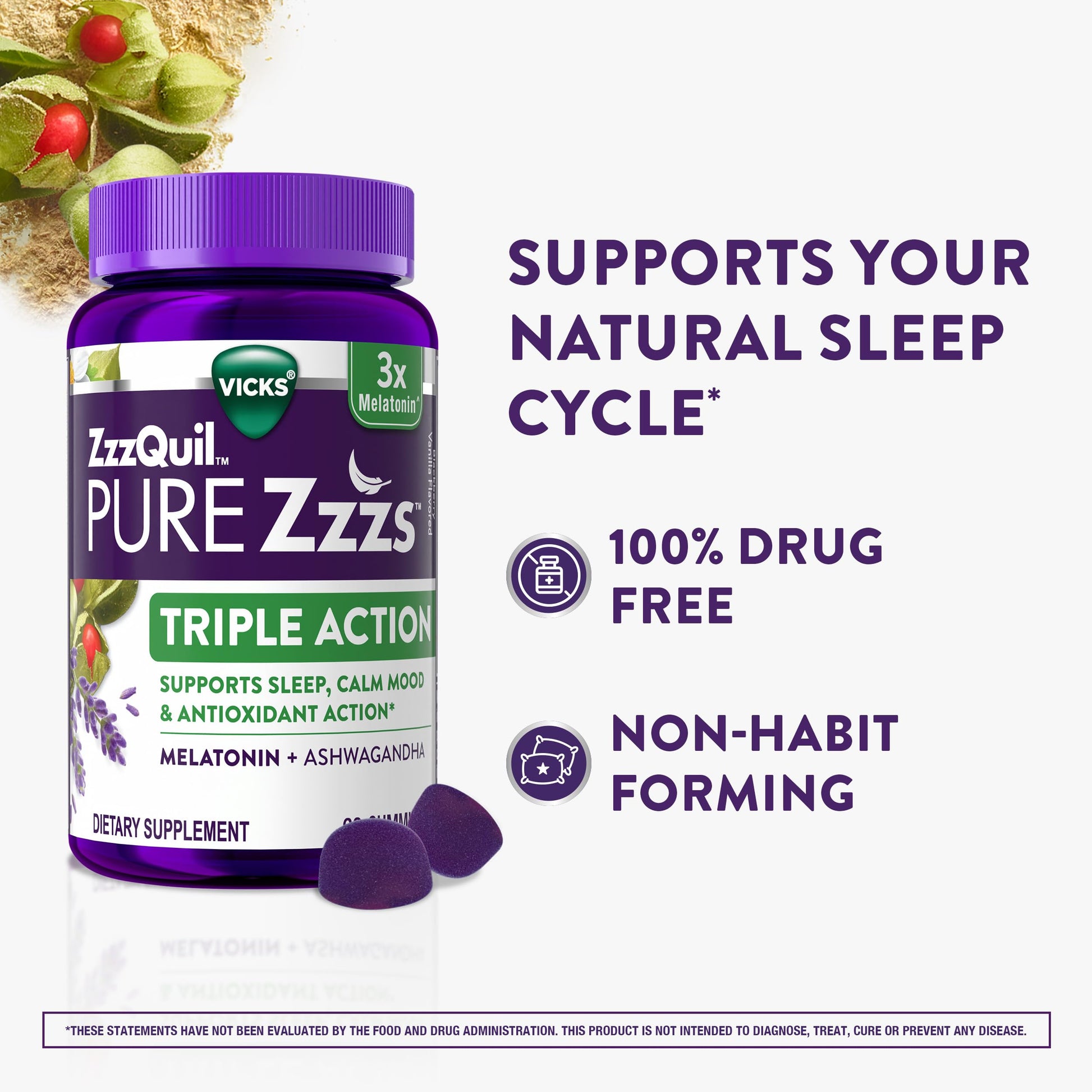 ZzzQuil PURE Zzzs non habit forming sleep gummies back label showing ingredients