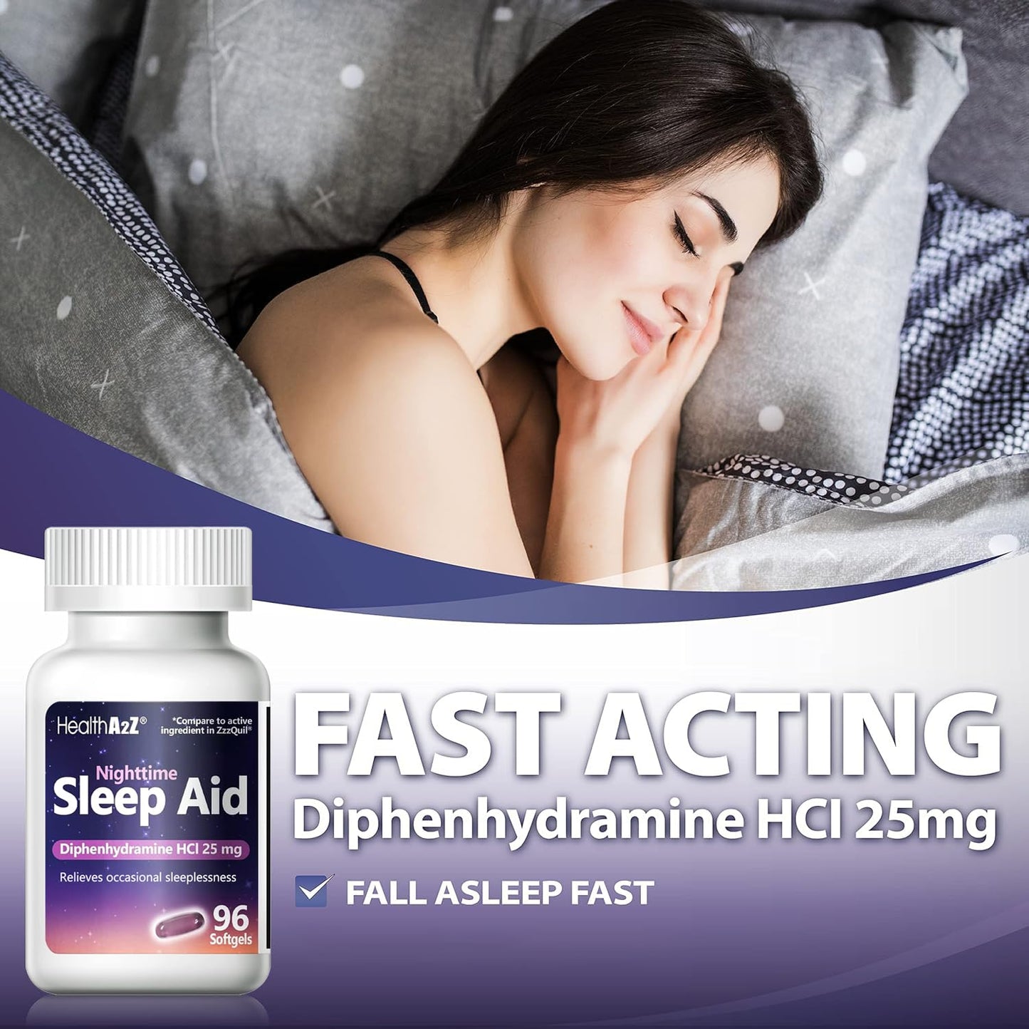 HealthA2Z ninety six count sleep aid packaging back panel drug facts panel.