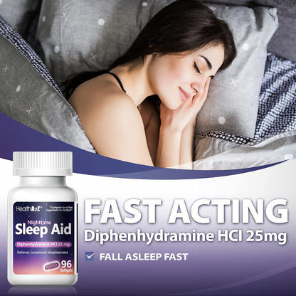 HealthA2Z ninety six count sleep aid packaging back panel drug facts panel.