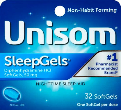Unisom diphenhydramine hydrochloride fifty milligram softgels label details and active ingredient specifications.