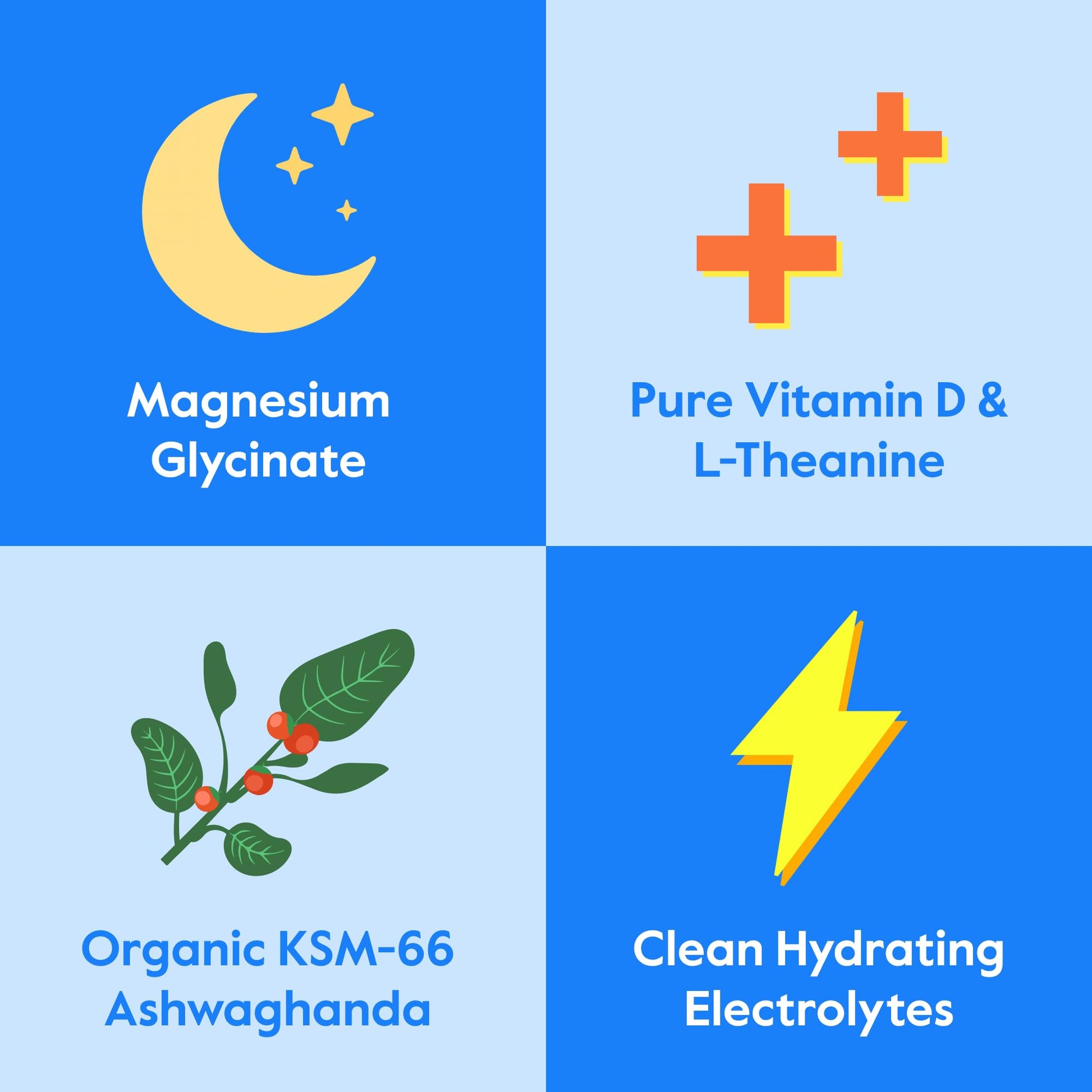 Supplements packaging layout highlighting the primary active ingredients including organic ashwagandha and l-theanine.