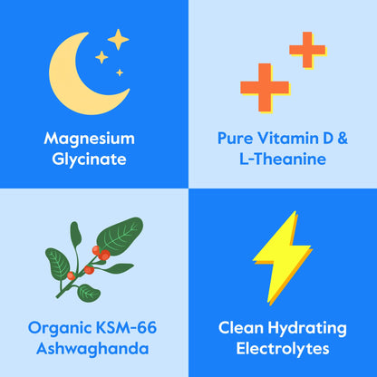 Supplements packaging layout highlighting the primary active ingredients including organic ashwagandha and l-theanine.
