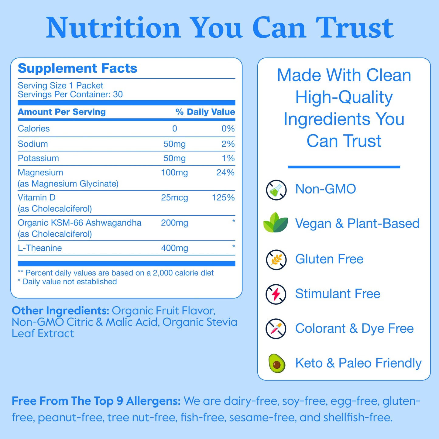 Zero calorie authentic imported daily wellness powder pack showcasing clean sourcing certifications and non-GMO labels.