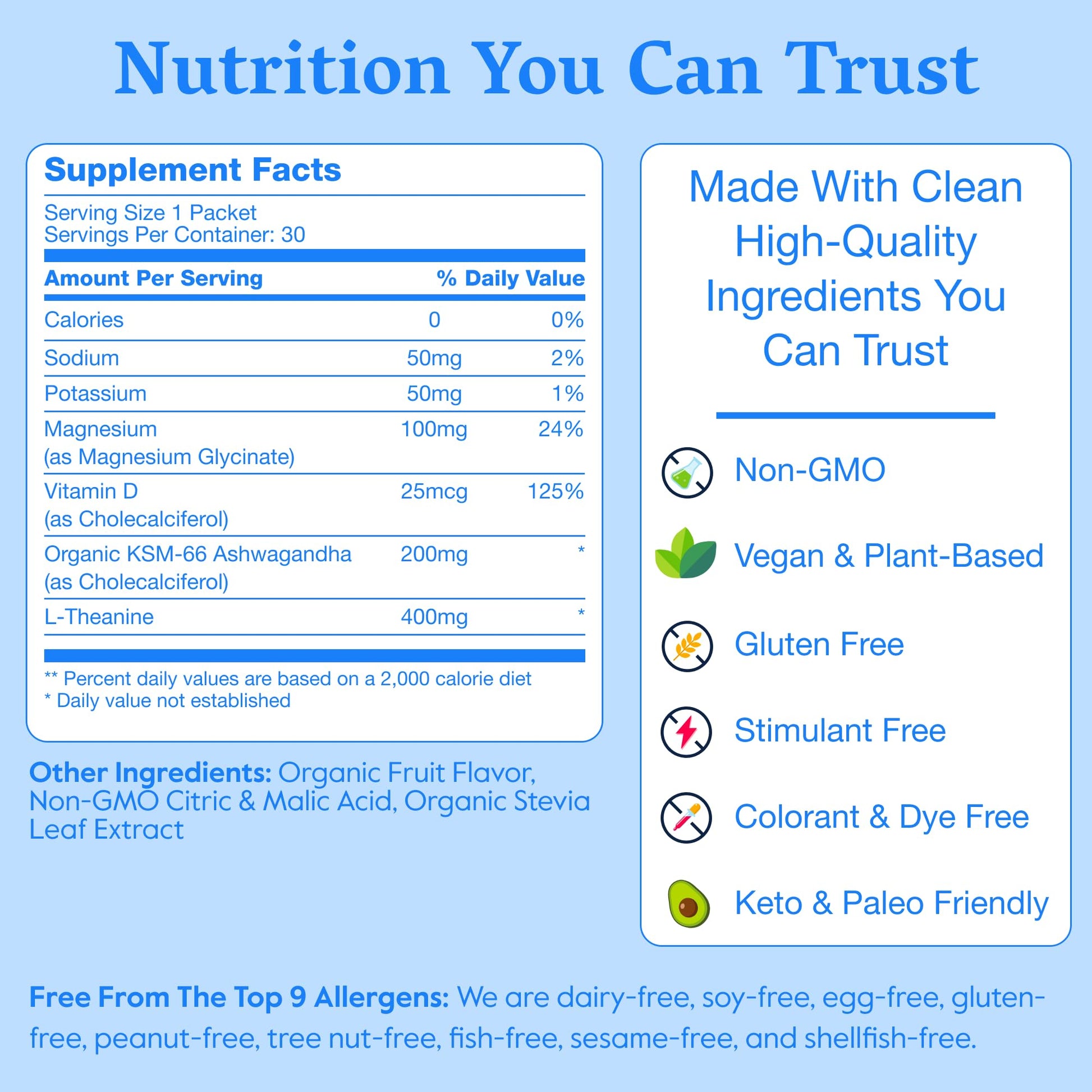 Zero calorie authentic imported daily wellness powder pack showcasing clean sourcing certifications and non-GMO labels.