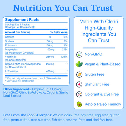 Zero calorie authentic imported daily wellness powder pack showcasing clean sourcing certifications and non-GMO labels.