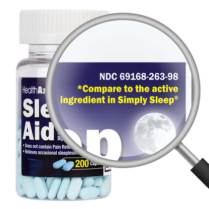 HealthA2Z regular strength sleeping pills bottle label detail highlighting non-habit-forming formula
