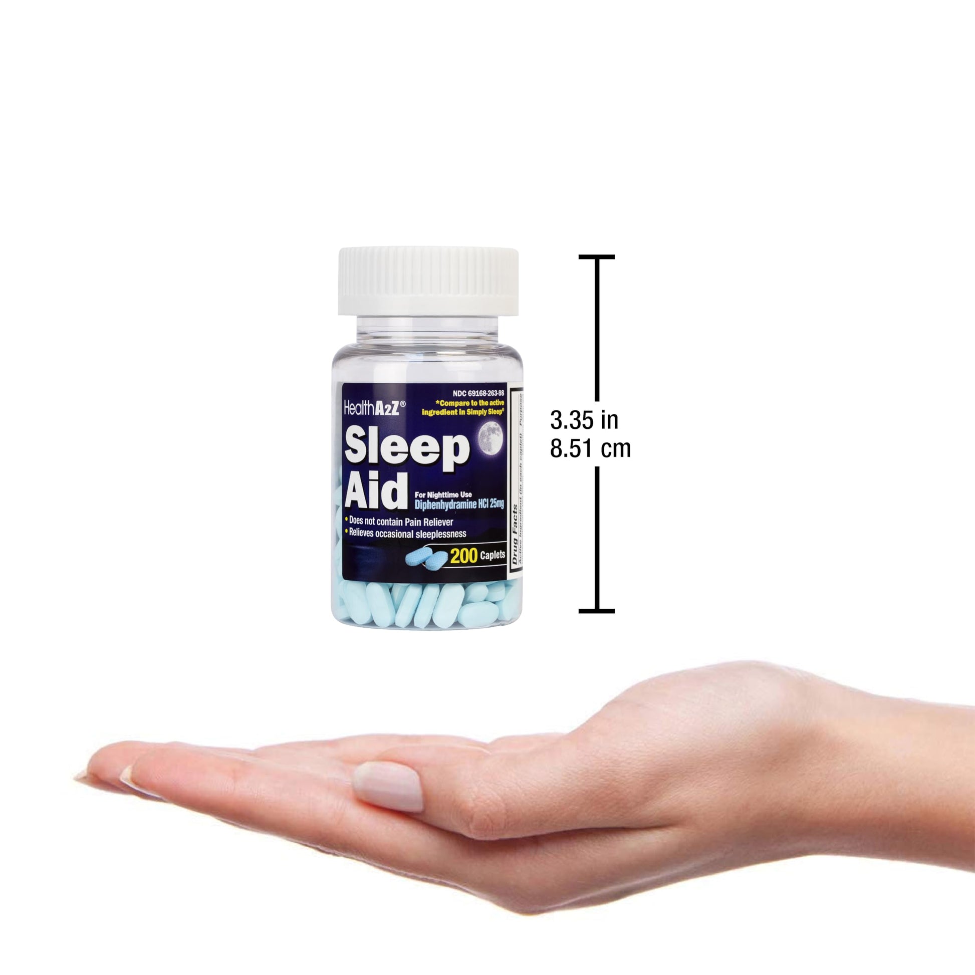 HealthA2Z imported diphenhydramine hydrochloride caplets packaging clearly showcasing the capsule quantity count