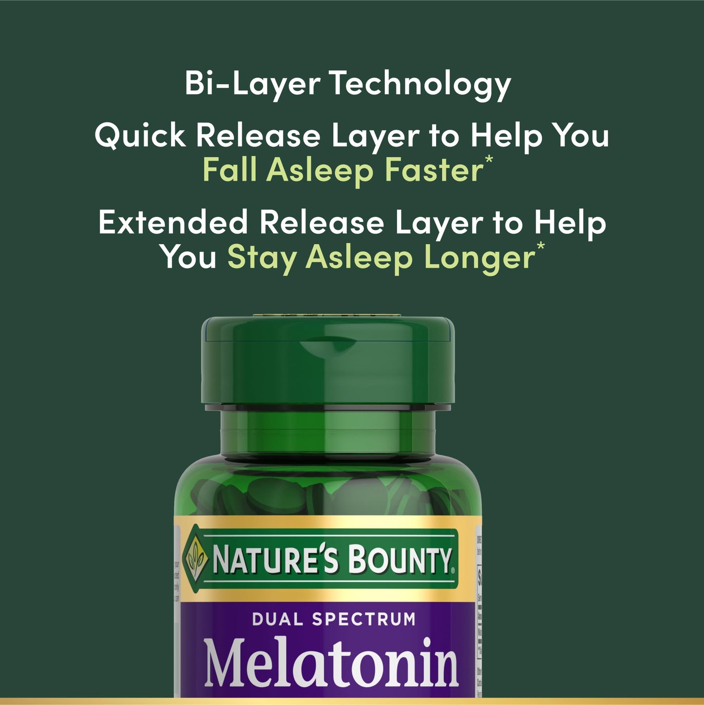 Back label of Nature's Bounty Dual Spectrum Melatonin outlining ingredient facts and dosage directions.