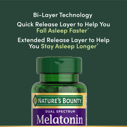 Back label of Nature's Bounty Dual Spectrum Melatonin outlining ingredient facts and dosage directions.